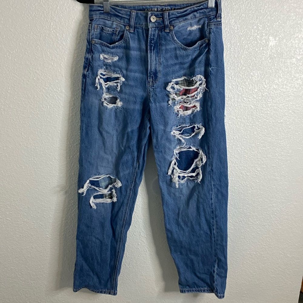American Eagle- mom straight jeans- Distressed with plaid patches- Size 6